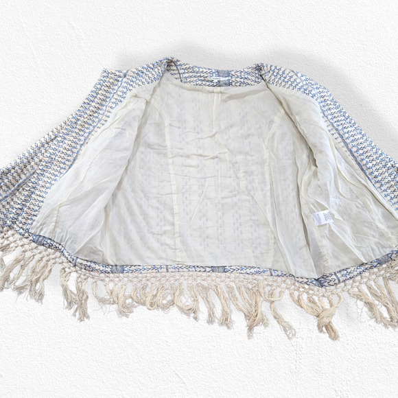 Tularosa Blue White Woven Embroidered Boho Fringe Jacket Open Blazer Size Medium - Picture 9 of 11